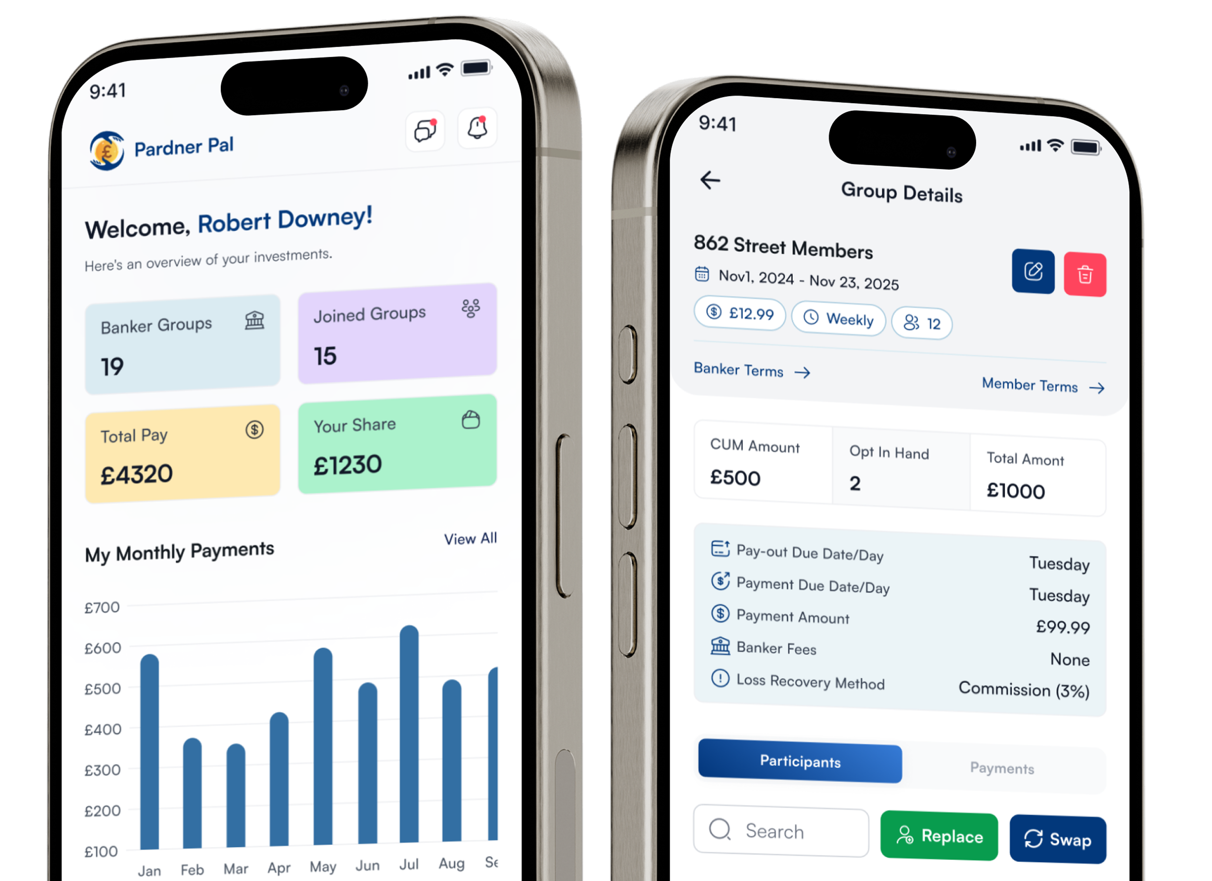 Pardner Pal app screens showing contribution tracking and group details