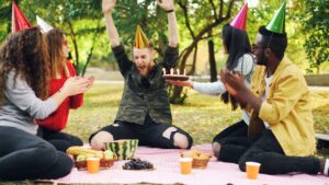 A group celebrating together outdoors