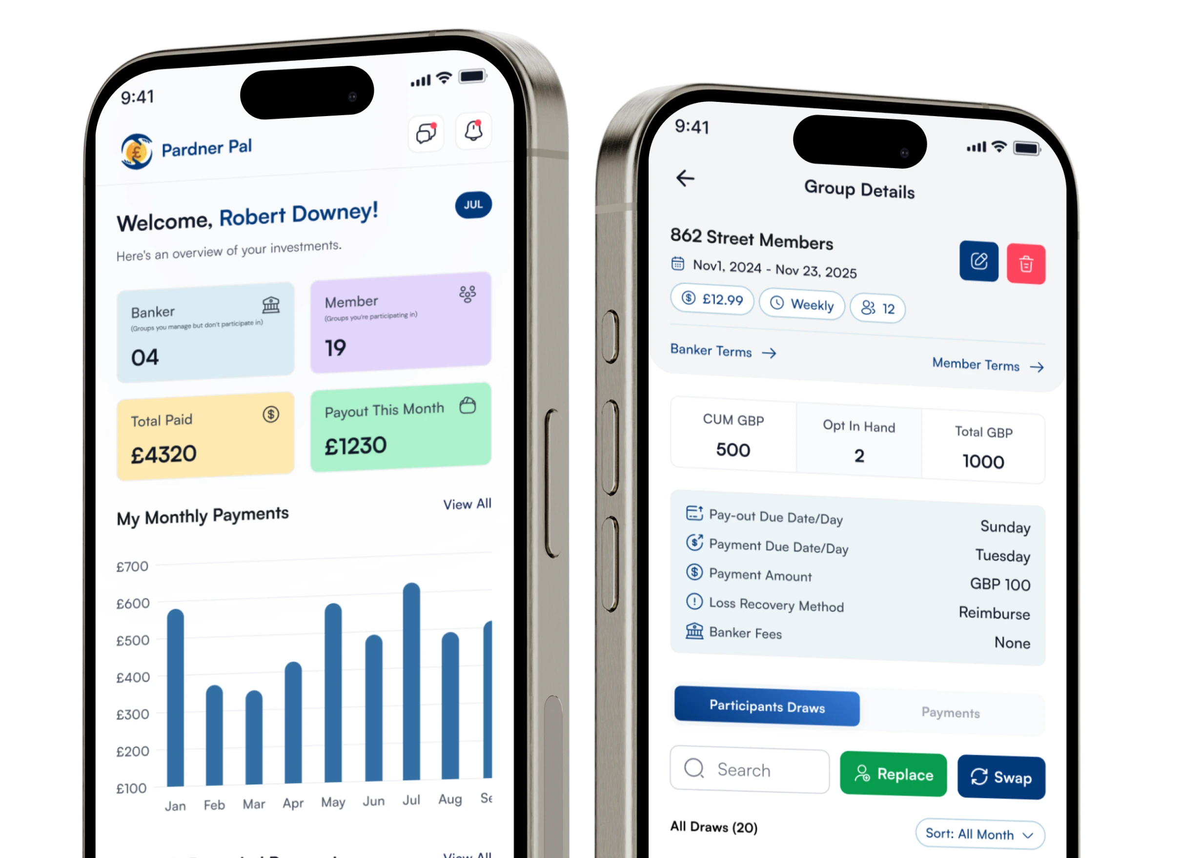 Pardner Pal app screens showing contribution tracking and group details