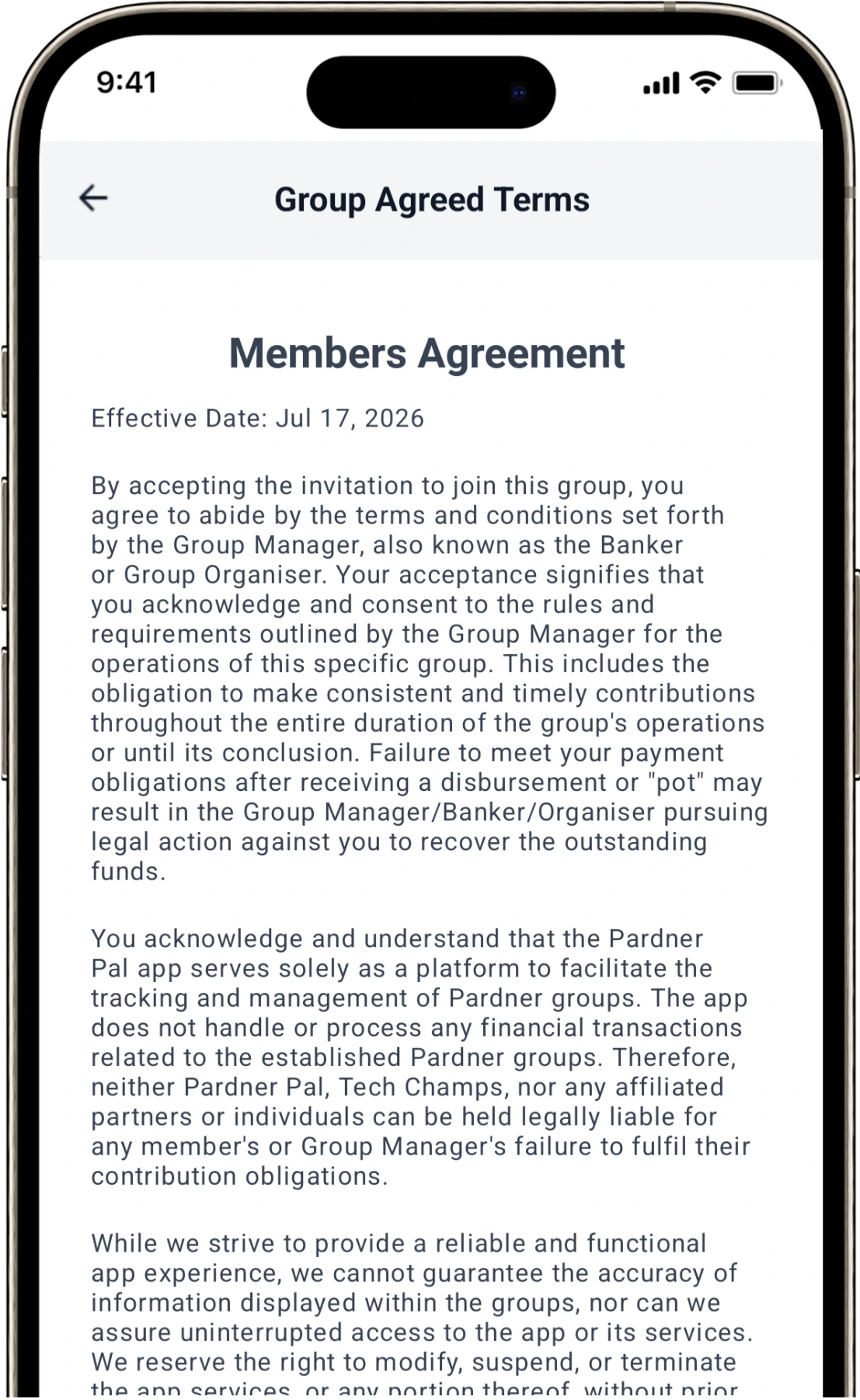 Group terms agreement screen inside the Pardner Pal app
